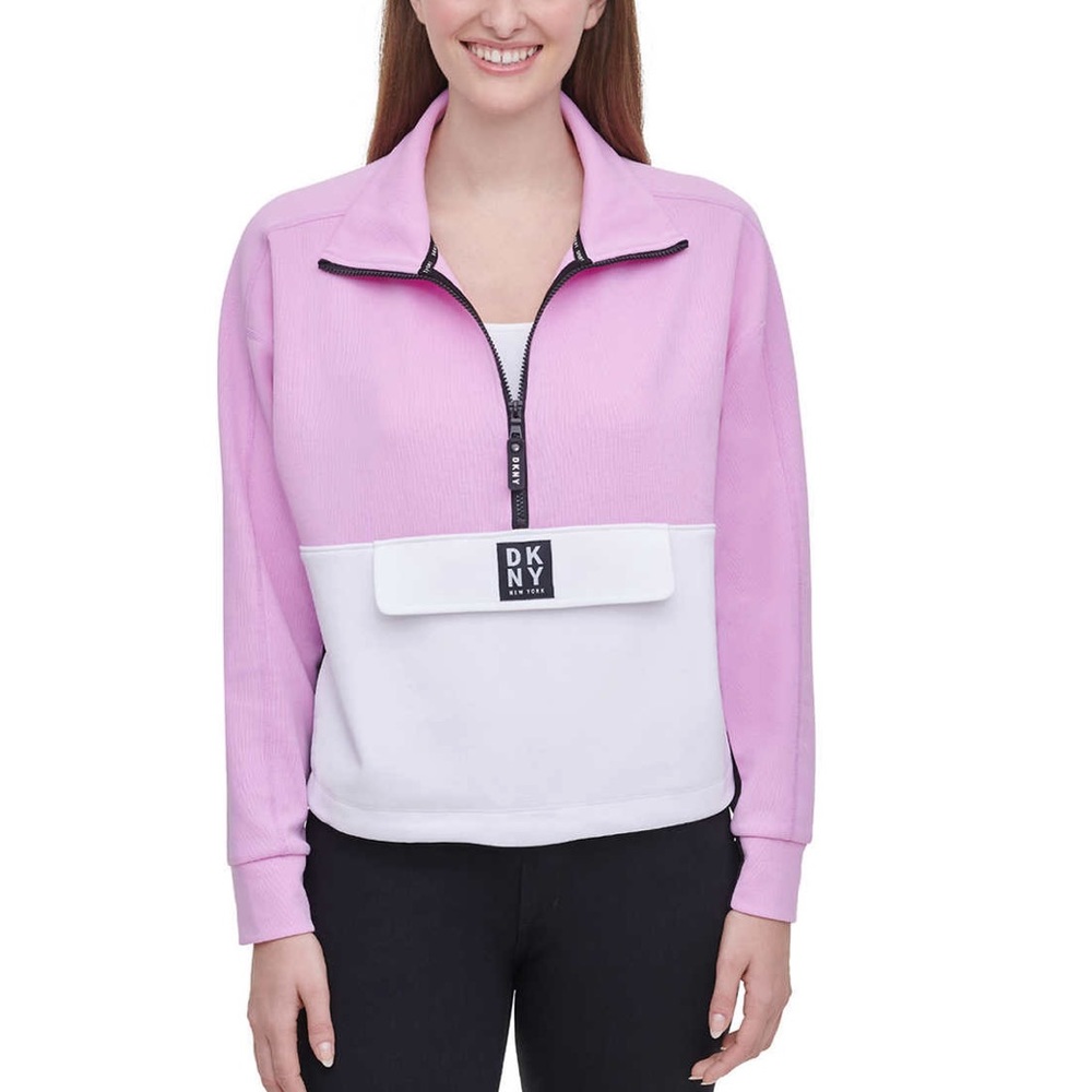 DKNY Pink and White Half-Zip Pullover Sweater